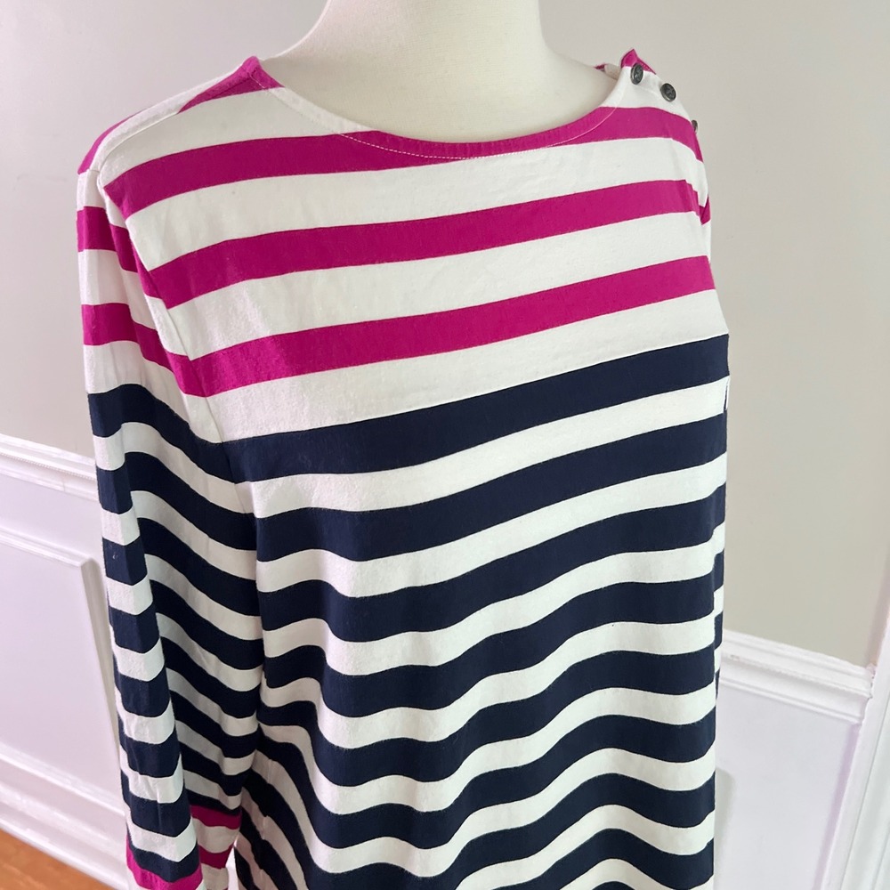 Nautica Striped Boat Neck Top L Womens Anchor Button 3/4 Sleeve Pink Navy Preppy